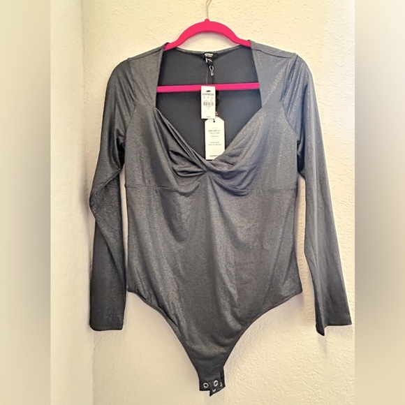 Express Metallic Grey /gunmetal Long Sleeve Bodysuit (NWT)Size: large - Picture 1 of 4